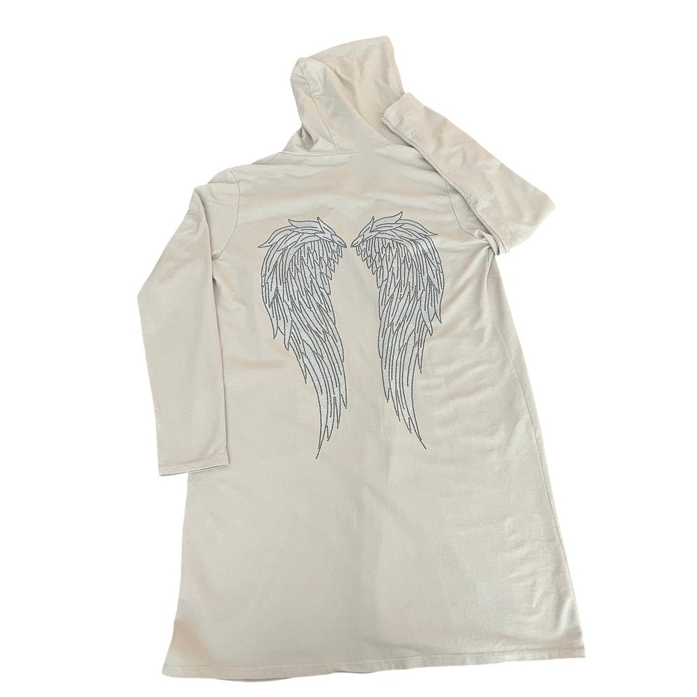 New Collection Italy Rhinestone Angel Wing Hooded Cardigan Duster Beige (1177)